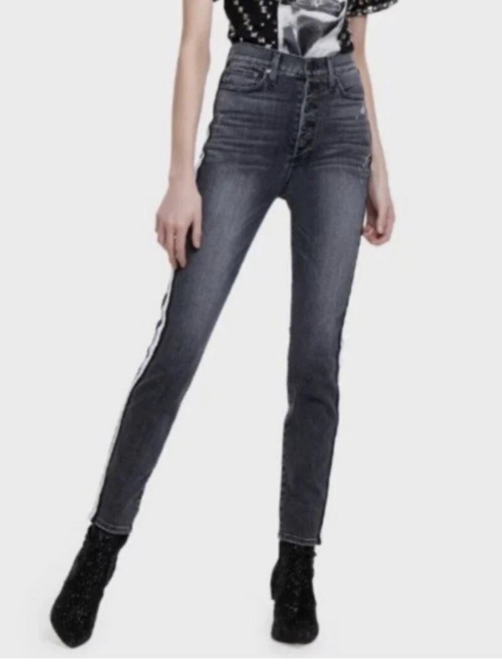 Alice + Olivia Good High Rise Button Front Black Magic Stretch Racer Stripe Jean